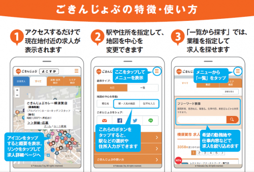 ごきんじょぶの特徴・使い方　1アクセスするだけで現在地付近の求人が表示されます　2駅や住所を指定して、地図を中心に変更できます　3「一覧から探す」では、業種を指定して求人を探せます