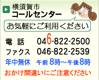 横須賀市コールセンター 電話 046-822-2500 ファクス 046-822-2539 年中無休 あさ8時～よる8時