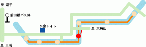 前田川遊歩道大楠山登山口への分岐位置図